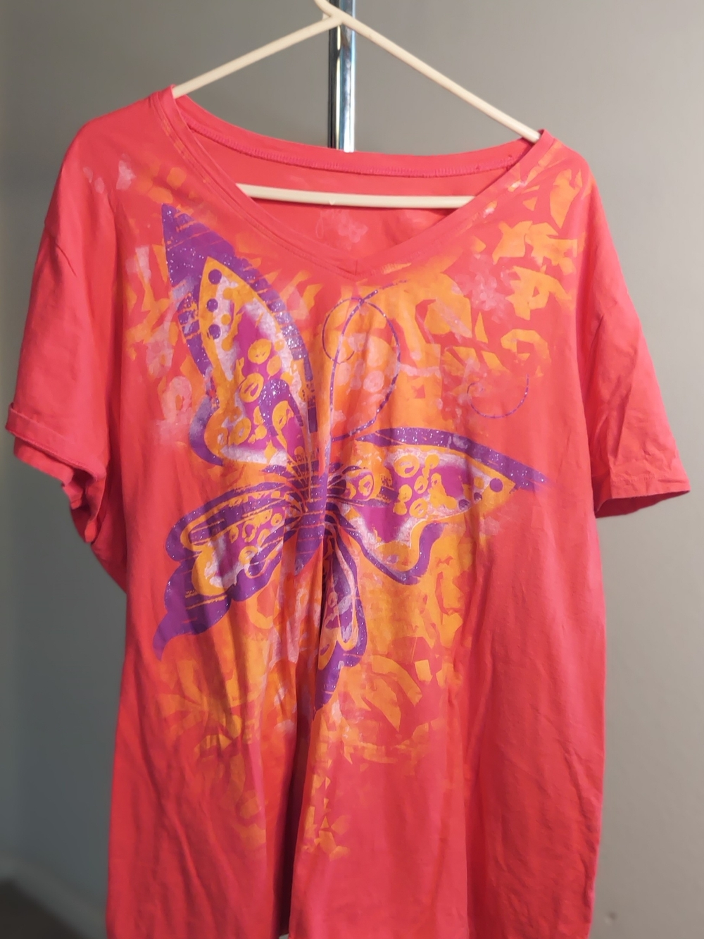 Just My Size Coral V-Neck Short Sleeve Tee with Purple & Yellow Butterfly